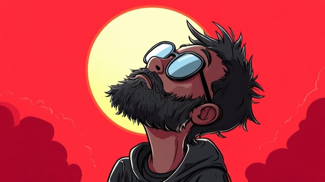 Man with beard and glasses gazing at a large sun