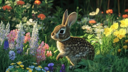 Fototapeta premium Adorable Rabbit Amidst Colorful Wildflowers in a Lush Garden