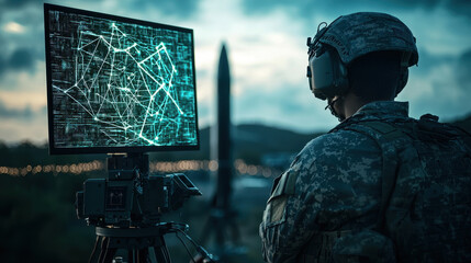 Soldier monitoring missile defense network on digital screen, showcasing advanced technology and surveillance capabilities in military setting