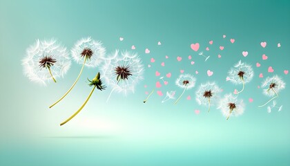 Whimsical Dandelions Blowing Heart-Shaped Seeds on a Soft Gradient Background