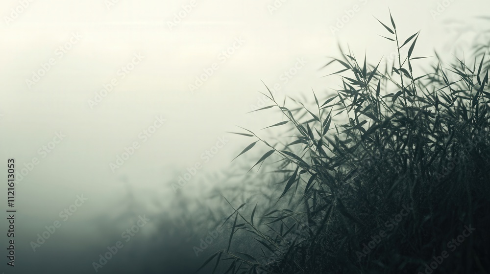 Poster a bamboo forest on a foggy day. the mist envelops the bamboo, creating an ethereal scene, with the s