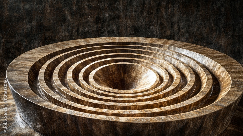 Poster An abstract sculpture features a striking design of concentric circles, expertly carved and illuminated to emphasize depth and texture, creating an engaging visual focal point