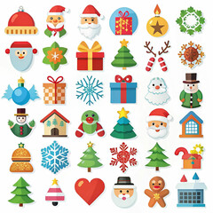 A large set of Christmas icons in a flat style, including festive symbols like Santa