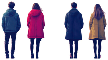 Four figures in coats stand facing away from the viewer