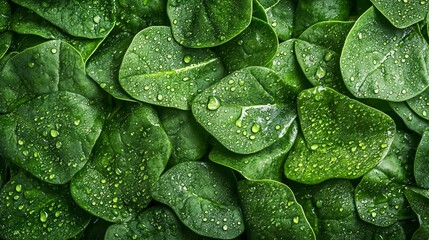 Fototapeta premium A close-up background of fresh green spinach leaves adorned with water droplets. The texture of raw, organic baby spinach creates a vibrant, natural food backdrop.