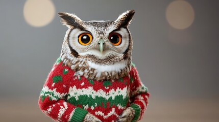 Festive Owl in Sweater - A whimsical owl wearing a colorful Christmas sweater with vibrant patterns, symbolizing holiday cheer, uniqueness, and playful spirit.