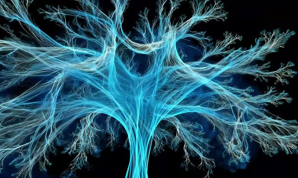 Abstract glowing blue fractal tree on black background.