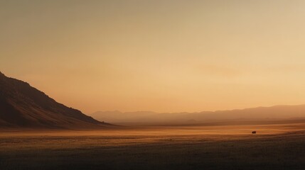 Sunset over vast, golden plains; lone vehicle.