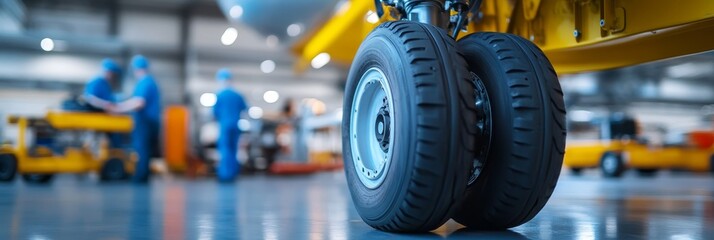 Obraz premium Aircraft Wheel Maintenance in Workshop - Close-up of aircraft landing gear wheels in a bustling maintenance workshop, symbolizing aviation safety, engineering precision, teamwork, and innovation.