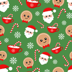 Vector Christmas pattern with a Christmas gingerbread man, candy cane, Santa Claus and cocoa