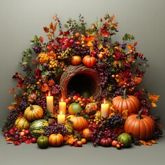 Autumn Harvest Abundance Thanksgiving Still Life with Pumpkins Candles and Fruits