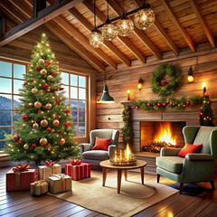 A cozy chalet living room adorned with Christmas decorations, featuring