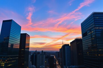 Obraz premium Dramatic Sunset Over Urban Skyline with Reflections and Vibrant Clouds