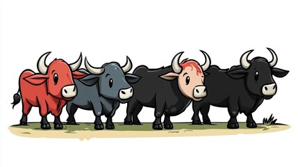 Fototapeta premium Four Cartoon Bulls Standing in a Row