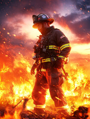 Naklejka premium Brave Firefighter Contemplating Inferno - A firefighter stands amidst a raging inferno, symbolizing courage, sacrifice, resilience, duty, and hope.