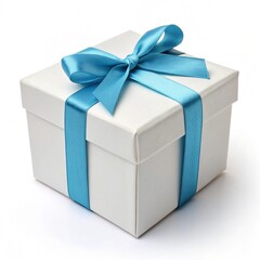 White gift box with blue ribbon isolated white background for your design event.