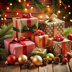 A collection of Christmas gifts wrapped in colorful paper with festive ribbons and bows