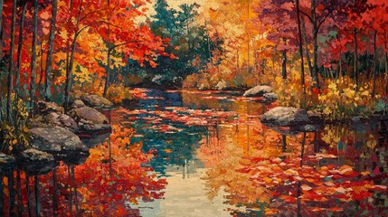 Vibrant Autumn Reflections in a Serene Forest Pond
