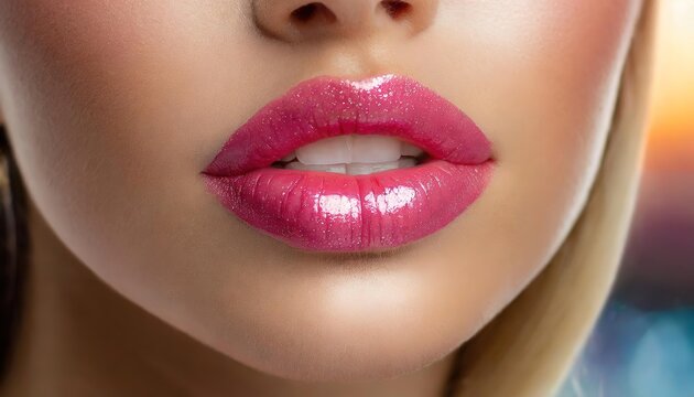 Close-up of glossy pink lips, softly parted, with light reflecting off their surface