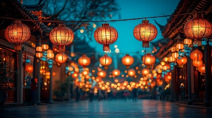 Obraz premium A large lantern display in a festival square, with families exchanging red envelopes in the crowd