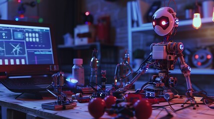 Showcase a coding and robotics workshop with robotic parts, programming manuals, and a laptop. 