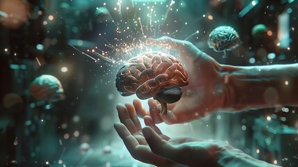 Showcase a brain concept with vintage hands interacting with floating holographic elements. 