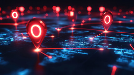 3D globe with red pins marking locations around the world