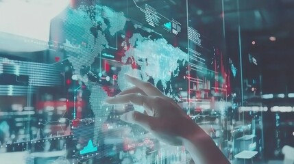 Global Data Network: A Hand Interacting with a Futuristic World Map Interface