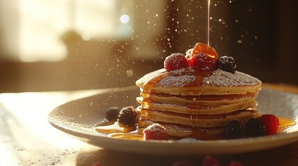 Delicious Golden Pancakes with Berries and Syrup