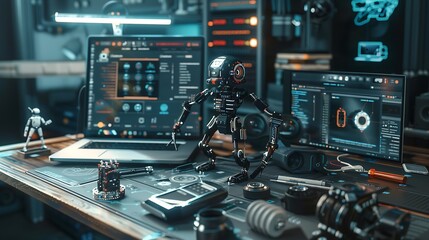 Showcase a coding and robotics workshop with robotic parts, programming manuals, and a laptop. 
