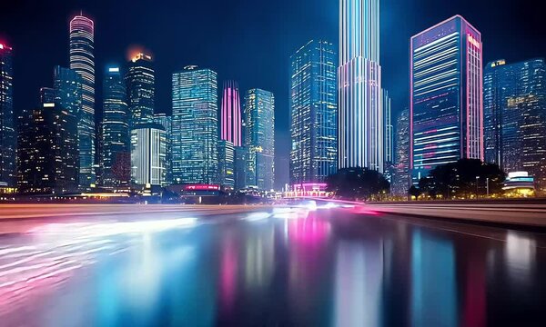 Vibrant city nightscape with light trails on highway.