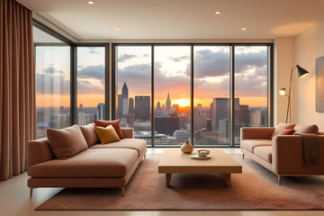 A contemporary living room with large windows, modern furniture, and a warm color palette for comfort.