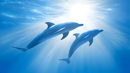 Fototapeta premium Two dolphins swimming in clear blue waters