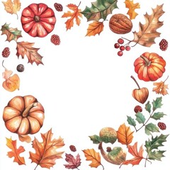 Fototapeta premium Autumn Watercolor Frame Pumpkins Leaves Berries Fall Harvest Thanksgiving Design