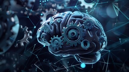 Showcase a conceptual vector illustration of a brain with interconnected gears and abstract lines. 