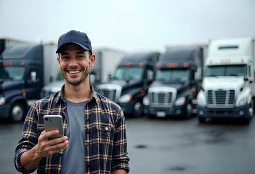 Professional truck driver smiling while using smartphone in truck yard during overcast weather with several trucks in the background
