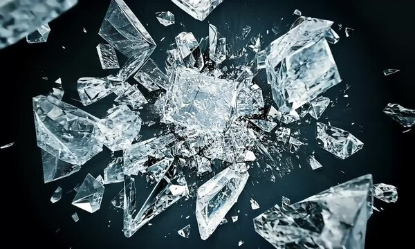 Shattered ice cubes exploding in motion on dark background.
