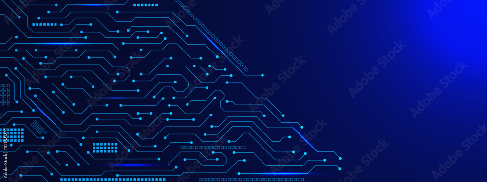 Poster futuristic circuit board with glowing electronic elements for engineering technology banner backgrou
