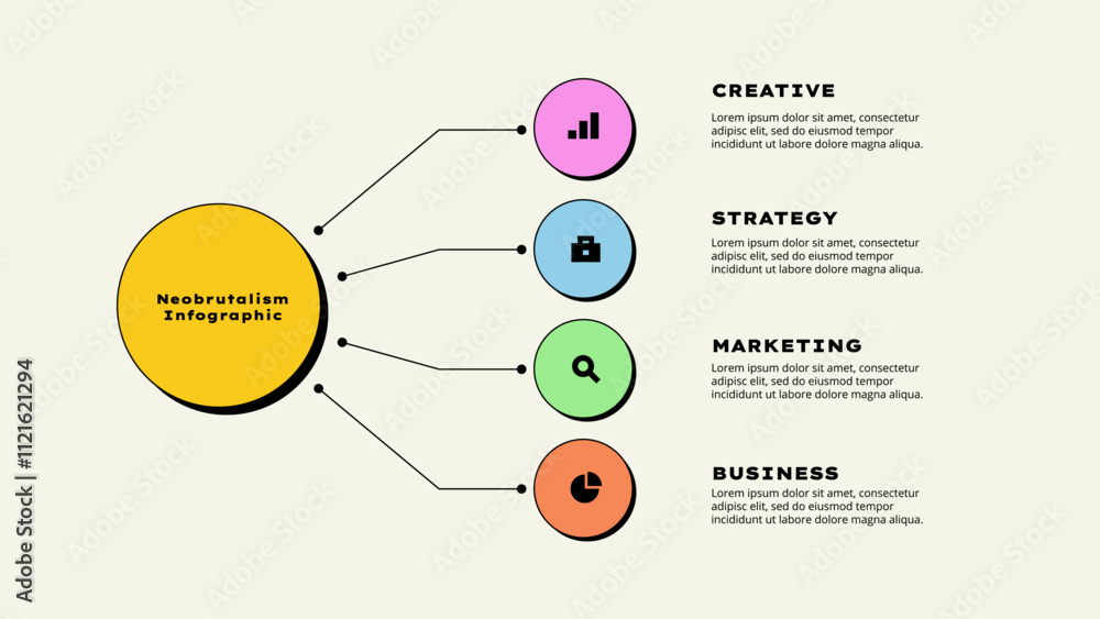 Poster flowchart infographic presentation with 4 steps or options. neobrutalism visualization of developmen
