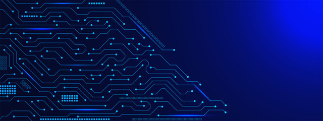 Futuristic circuit board with glowing electronic elements for engineering technology banner background