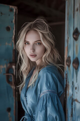 Fototapeta premium Portrait of a serene blonde woman in a soft blue outfit standing by an aged wooden door with rustic details.