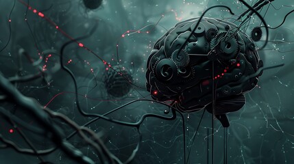 Showcase a conceptual vector illustration of a brain with interconnected gears and abstract lines.