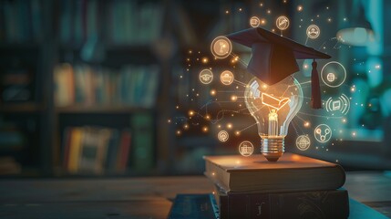 Showcase a digital learning platform screen, a graduation hat on a book, and a glowing lightbulb with educational icons around. 