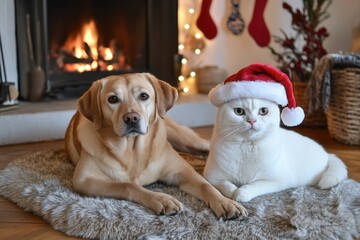 A charming dog and cat don Santa hats in a Christmas-themed room. Lovely pets