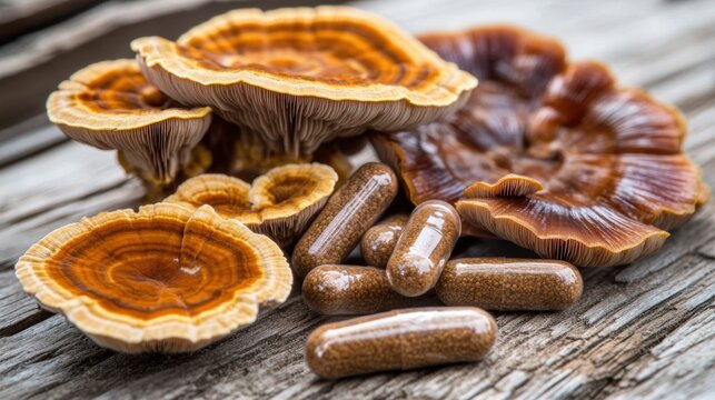 Ganoderma Lucidum Capsules on Wooden Background