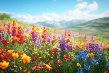 Fototapeta premium Vibrant wildflowers bloom in a sunny mountain meadow, creating a picturesque landscape.
