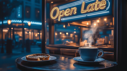 Hot coffee and pie on a coffee table in front of a restaurant with an :Open Late" sign
