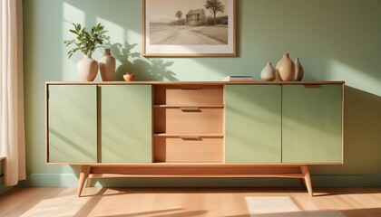 Wood sideboard in green living room with copy space