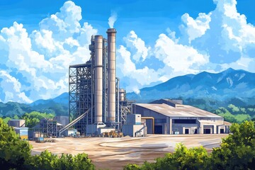 Obraz premium Industrial manufacturing facility mountain region digital art clear sky wide view modern infrastructure concept