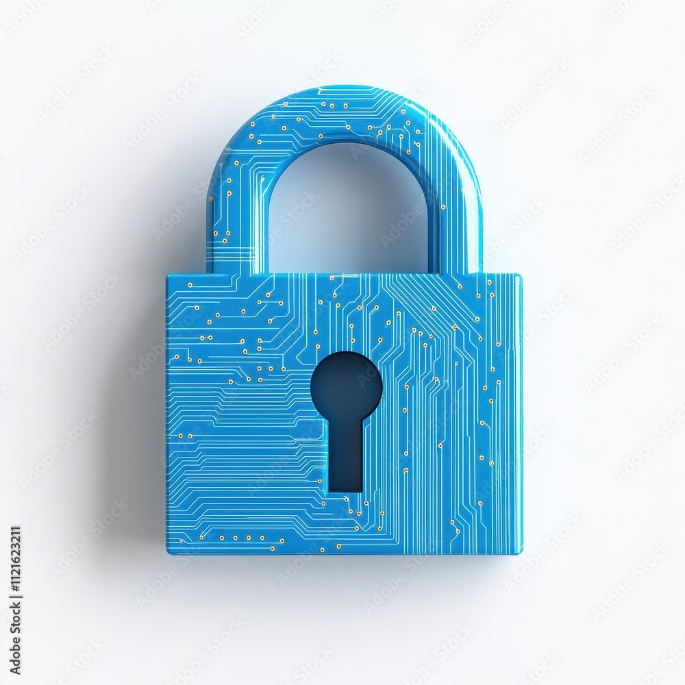 Poster a digital padlock with a blue circuit board design, symbolizing cybersecurity and data protection in